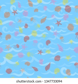 Seamless sea pattern in nautical-inspired design. Sea background with seashells, starfishes and jellyfishes. Blue ocean water wave. Vector seamless pattern with marine life