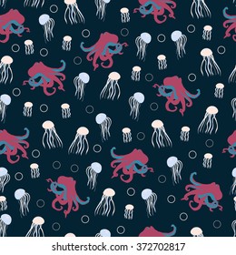 Seamless sea pattern with octopus and jelly-fish on dark background. Vector illustration for textile design, wallpaper and wrapping paper, web design, kid stuff and etc.