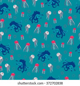 Seamless sea pattern with octopus and jelly-fish. Vector illustration for textile design, wallpaper and wrapping paper, web design, kid stuff and etc.