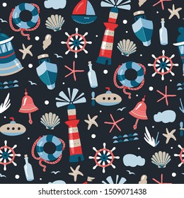 Seamless sea pattern on the dark background