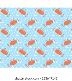 Seamless sea pattern. Orange crab and white bubbles on light blue background