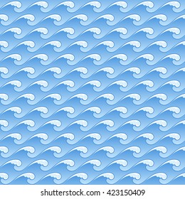Seamless sea pattern. Ornament of stylized waves. Blue and white background.