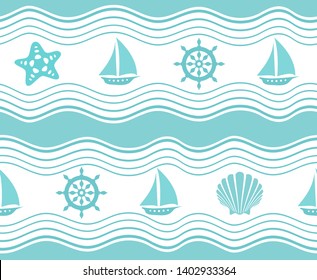 Seamless sea pattern. ornamental background with waves, sailboats, shells, starfishes and steering wheels. Summer illustration with marine elements