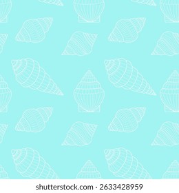 Padrão do mar sem costura. Contorno branco espiral conchas no fundo azul. Concha submarina. mão linear desenho doodle estilo. Ilustração vetorial