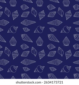 Padrão do mar sem costura. Contorno branco conchas no fundo azul escuro. Concha submarina. Desenho de mão linear rabiscar. Ilustração vetorial