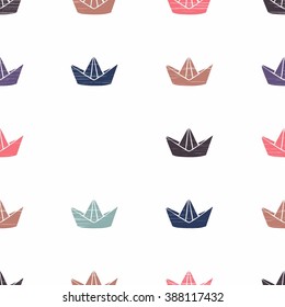 Seamless sea pattern. Paper boat on a white background. Cartoon vector illustration of vintage style.
