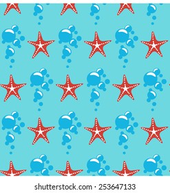 Seamless sea pattern. Red starfish and blue bubbles on blue background