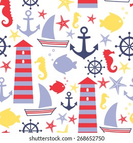 Seamless sea pattern: sailboat, lighthouse, fish, anchor, seahorse. Cute nautical background. Marine life Background Collection. Baby shower vector illustration..