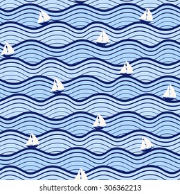Seamless sea pattern. Sailboats and blue waves. Vector abstract wave blue and white background.