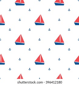 Seamless sea pattern with sailing ships and anchors on white background. Nautical pattern. Baby pattern