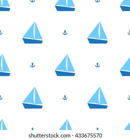Seamless sea pattern with sailing ships and anchors on white background. Nautical pattern. Baby pattern