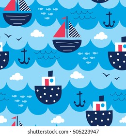 seamless sea pattern with sailing ships and waves vector illustration