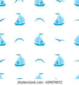 Seamless sea pattern with sailing ships and seagulls on white. Marine vector background for baby kids design. 