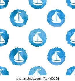Seamless sea pattern with sailing ships. Nautical dotted vector background.