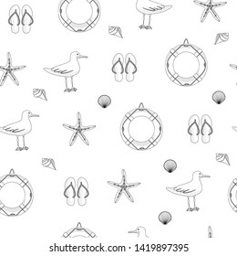 seamless sea pattern with seagull, shells, sea star, life buoy, beach slippers