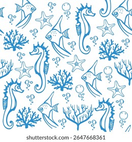 Seamless sea pattern. Pattern with seahorse, fish, starfish, seaweed. Vector illustration
