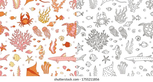 Seamless sea pattern set colorful and line art style. Seaweed, seashells, corals bright textile cartoon design vector isolated illustration on white background. Red, orange, black and white. Vector