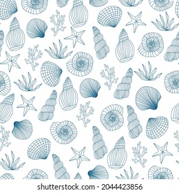 Seamless sea pattern with shell, starfish, seashell, coral, algae, seaweed. Ocean vector illustration.