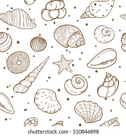 Seamless sea pattern with shells and starfishes. Marine background. Vector illustration.