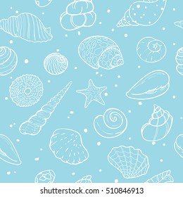 Seamless sea pattern with shells and starfishes. Marine background. Vector illustration.