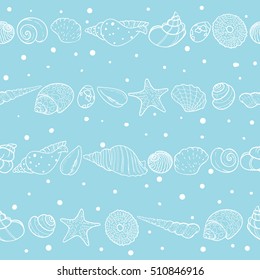 Seamless sea pattern with shells and starfishes. Marine background. Vector illustration.
