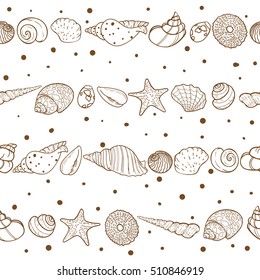 Seamless sea pattern with shells and starfishes. Marine background. Vector illustration.
