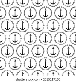 seamless sea pattern a small anchor and chain: 
black silhouettes on white background, vector
