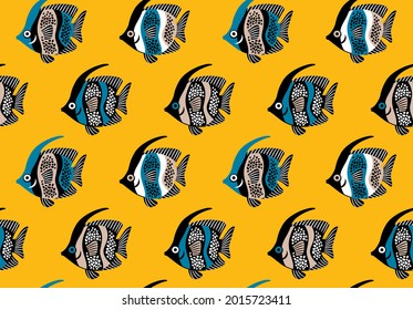 seamless sea pattern spotted fish: 
black, blue and pink silhouettes on yellow background, vector