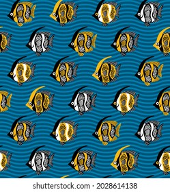 seamless sea pattern spotted fish: 
black and yellow silhouettes on blue striped background, vector