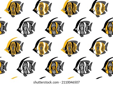seamless sea pattern spotted fish: 
black and yellow silhouettes on white background, vector