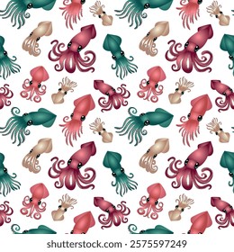 Seamless sea pattern Squid, sea, ocean, food, vector