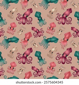 Seamless sea pattern Squid, sea, ocean, food, vector