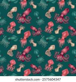 Seamless sea pattern Squid, sea, ocean, food, vector