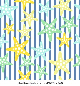 Seamless sea pattern with starfish and blue stripes.  Summer vector background.