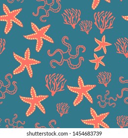 Seamless sea pattern with starfish and coral. For web design, printing onto fabric and paper or scrapbooking. Swatches included.