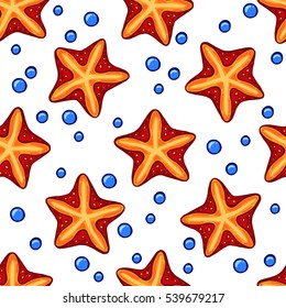 Seamless sea pattern with starfish on white background, vector illustration