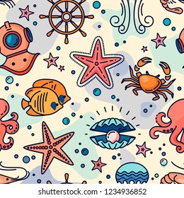 Seamless sea pattern with steering wheel, crab, pearl, starfish, shrimp, aqualung, jellyfish, and fish. Flat color icons with sea creatures and symbols.