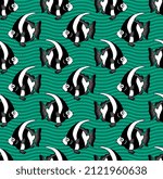 seamless sea pattern striped fish: 
black-white silhouettes on green striped background, vector