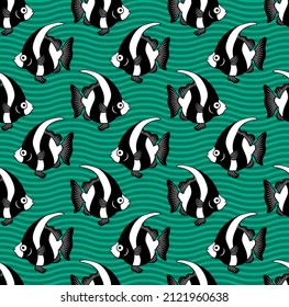 seamless sea pattern striped fish: 
black-white silhouettes on green striped background, vector