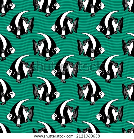 seamless sea pattern striped fish: 
black-white silhouettes on green striped background, vector