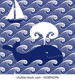 Seamless sea pattern. Stylized waves, yacht and cute whale. Vector marine illustration. Summer blue & white background.