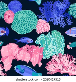 Seamless sea pattern with tropical fishes and corals. Colorful hand drawn undersea life with dry brush texture. Vector illustration in trendy flat style for wallpapers, web, surface textures, textile.