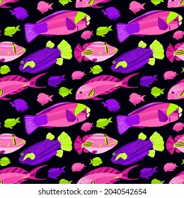 Seamless sea pattern with tropical fishes. Colorful hand drawn undersea life with dry brush texture. Vector illustration in trendy flat style for wallpapers, web, surface textures, textile.