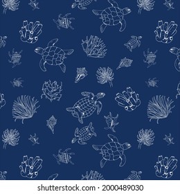 Seamless sea pattern with turtles, corals,  weed and shells, seashells. Perfect for greetings, invitations, brown paper, textiles, web designs