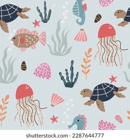 Seamless sea pattern with turtles, jellyfish, shells, corals, bubbles, algae, rocks, fish, seahorses on green background. used as textiles wallpaper and print