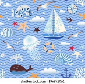 Seamless sea pattern. Vector illustration with marine elements on wave background.