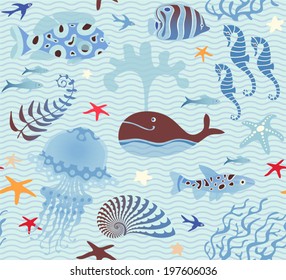 Seamless sea pattern. Vector illustration with marine elements on wave background.