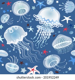 Seamless sea pattern. Vector illustration with jellyfishes and starfishes on blue background. Endless underwater world.