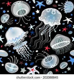 Seamless sea pattern. Vector illustration with jellyfishes and starfishes on black background. Endless underwater world.