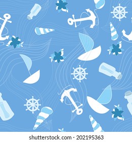 Seamless sea pattern. Vector illustration with a ship anchor, wheel, bottle, flower on a blue background.